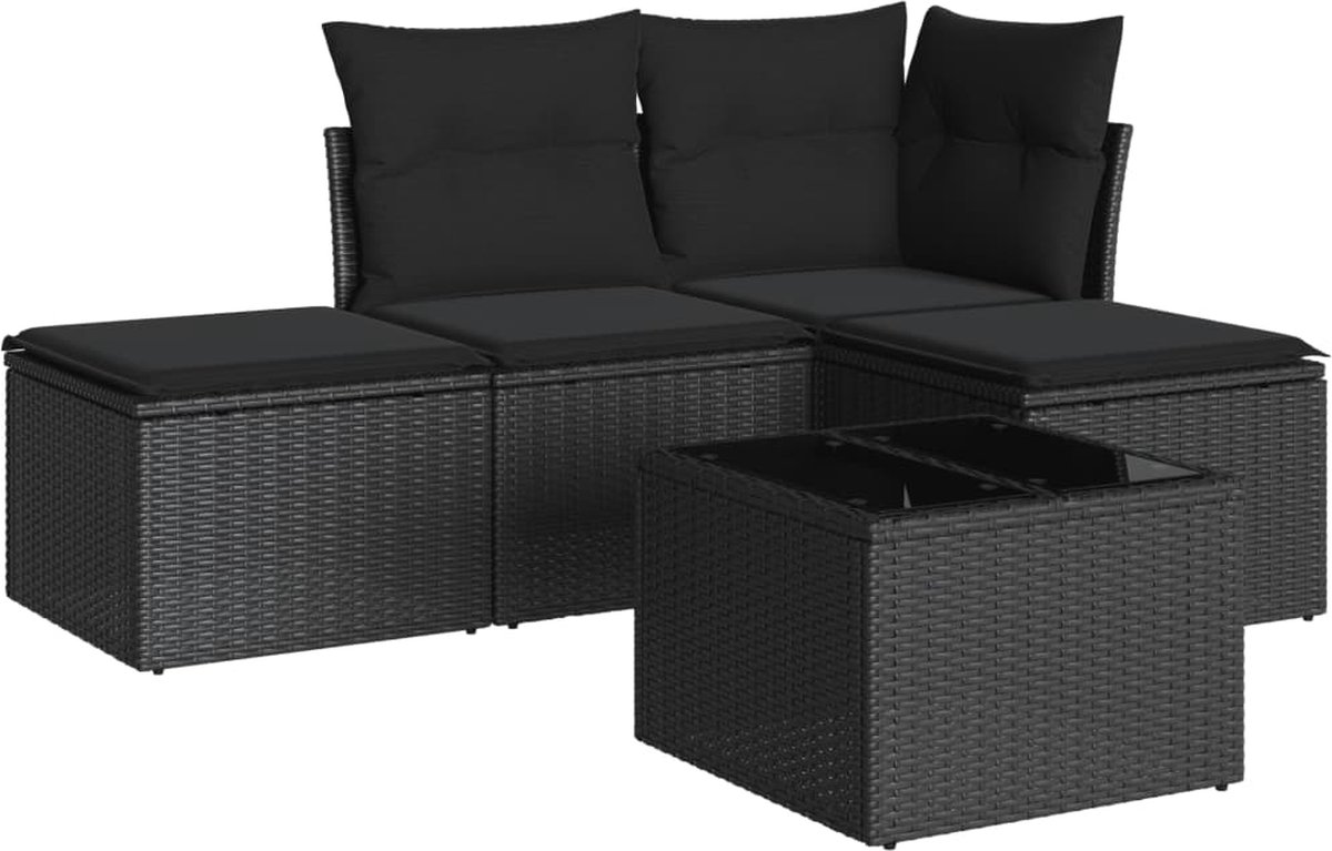 vidaXL 5-delige - Loungeset - met - kussens - poly - rattan - zwart