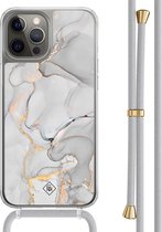 Casimoda® hoesje met grijs koord - Geschikt voor iPhone 12 Pro - Marmer Grijs - Afneembaar koord - TPU/polycarbonaat - Grijs