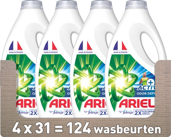 Ariel Vloeibaar Wasmiddel +Actieve Odor Defense - Vleugje Ambi Pur - 4 x 31 Wasbeurten - Voordeelverpakking