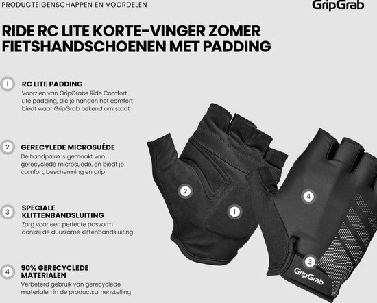 GripGrab - Ride RC Lite Korte Vinger Zomer Fietshandschoenen met Padding - Zwart - Unisex - Maat L van Gripgrab — afbeelding 3
