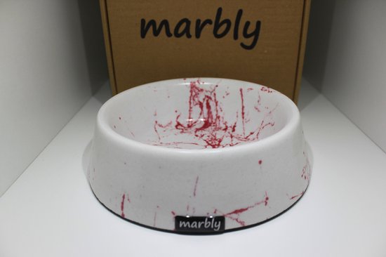 Witte Marbly voerbak met rode marmerlook en het logo op de voorkant.