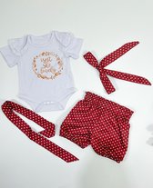 babykleding - meisje - maat 80 -setje - zomer - haarbandje - pofbroekje -stippen