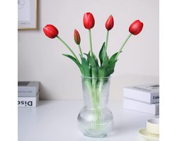 16 inch Premium Real Touch Nep Tulpen Kunstbloemen met knoppen, flexibele steel gemakkelijk te vormen, Faux Tulpen voor Home Decor Indoor (Vaas niet inbegrepen), 5-Pack Set van Passion Red