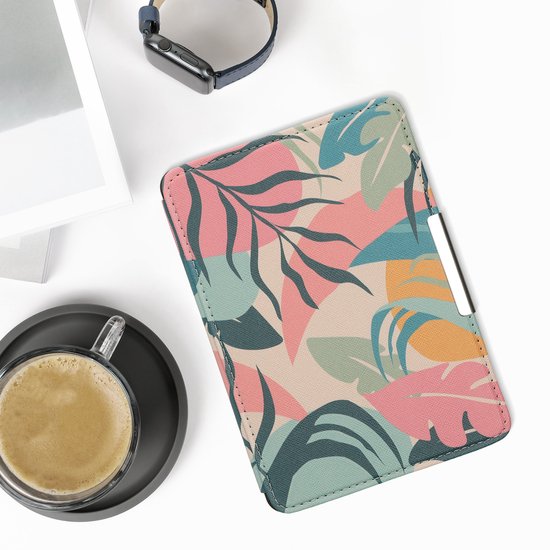 kwmobile e-reader hoesje geschikt voor Amazon Kindle Paperwhite hoes - E reader flip case met magnetische sluiting - Ereader cover - Tropische jungle design in poederroze / geel / groen van kwmobile — afbeelding 4