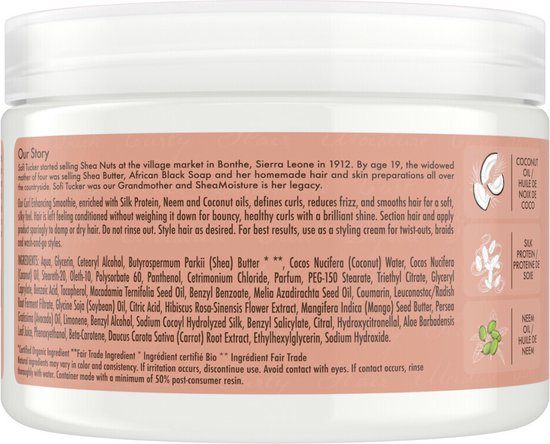 Ingrediënten en "Our Story" op de achterkant van de pot Shea Moisture Coconut & Hibiscus Curl Enhancing Smoothie.
