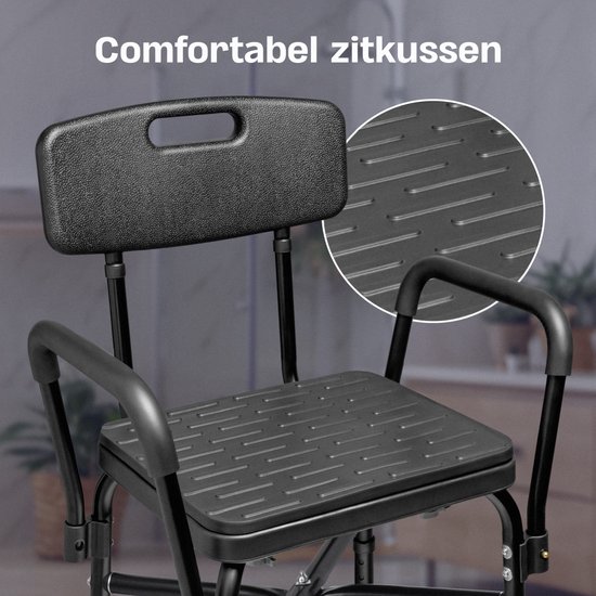 Sanicraft® Douchestoel - Douchekruk met Armleuning & Douchekophouder - Stoel & Kruk in 1 - Verstelbare Hoogte - Anti-Slip Poten - Zwart