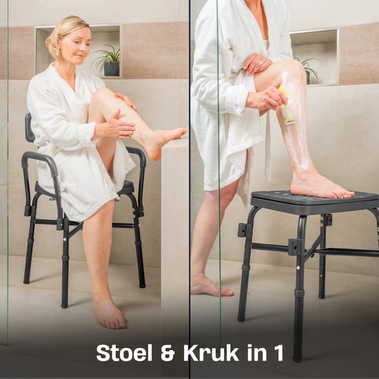 Sanicraft® Douchestoel - Douchekruk met Armleuning & Douchekophouder - Stoel & Kruk in 1 - Verstelbare Hoogte - Anti-Slip Poten - Zwart