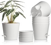 Kunststof bloempot met bewateringssysteem, set van 6 zelfbewaterende potten met onderzetter, ronde plantenpot voor binnen en balkon, tuinplanten, vetplanten, cactus, 20 cm, wit