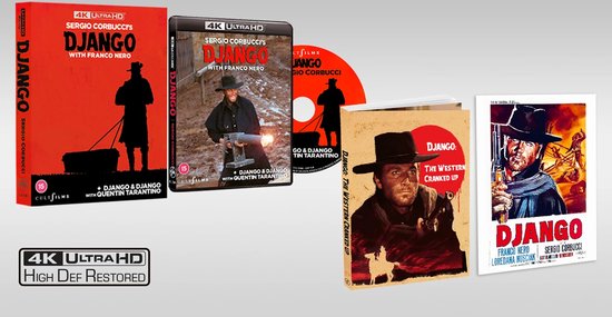 Een set van "Django" 4K Ultra HD edities: een slipcase, Blu-ray hoes, disc, boekje en poster. Verschillende beelden van Django met Franco Nero.