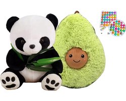 Knuffel Panda Pluche met Bamboe - 20 cm & Avocado Pluche Knuffel - 23 cm + Cadeau Hardcase Pop It - Popit It Gift - verjaardag - fans - premium quality