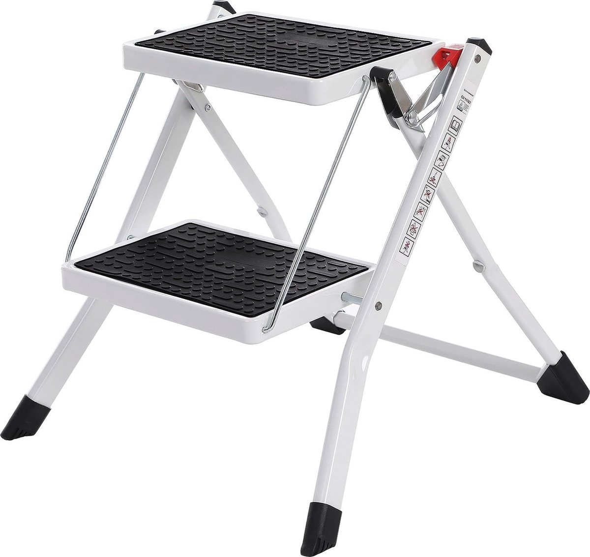 2-sporten ladder, vouwladder, sportbreedte 20 cm, antislip rubber, met handvat, draagvermogen 150 kg, staal, GS-gecertificeerd, zwart en wit GSL02WT