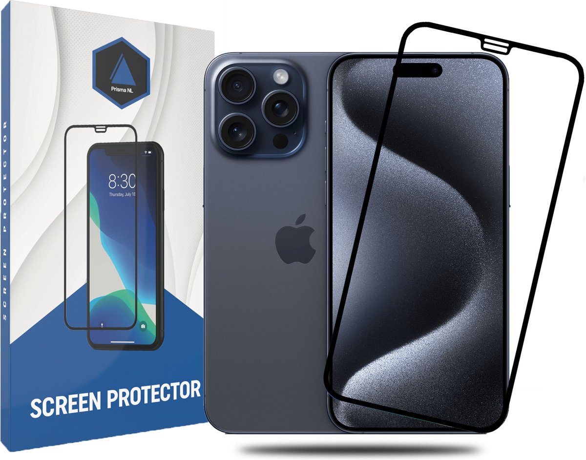 Prisma NL® iPhone Screenprotector voor iPhone 15 Pro - Premium - Beschermglas - Gehard glas - 9H - Zwarte rand - Tempered Glass - Full cover