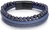 Armband Heren - Blauw Leer met Blauwe Kralen - Leren Armbanden - Kralenarmband - Cadeau voor Man - Mannen Cadeautjes
