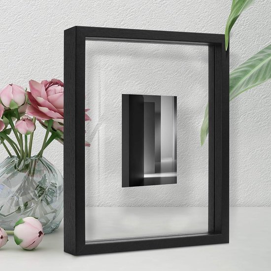 Fotolijst 13 x 18 cm, 10 x 15 cm, 15 x 20 cm, met zwevend effect, of 20 x 25 cm, zonder zwevend effect, zwart hout, dubbel glas voor op bureaublad of aan de muur, geschikt als geschenk