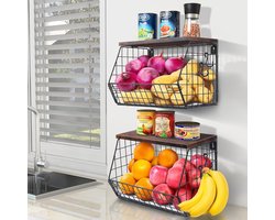 Hangende Fruitmand 2 Niveaus Fruitmand, Fruitschaal Hangende Mand Keuken, 2 stuks Keukenorganizer met Houten Deksel Draadmand Stapelbaar & Wandmontage voor het bewaren van groenten, fruit en snacks