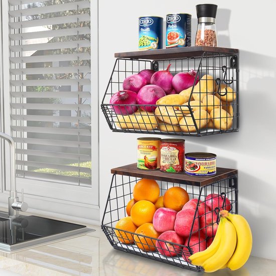 Hangende Fruitmand 2 Niveaus Fruitmand, Fruitschaal Hangende Mand Keuken, 2 stuks Keukenorganizer met Houten Deksel Draadmand Stapelbaar & Wandmontage voor het bewaren van groenten, fruit en snacks