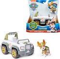 Tracker Jungle Cruiser speelgoedauto, wit met camouflageprint, en een Tracker figuur in verpakking.