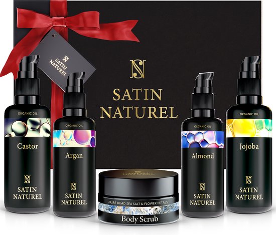 Satin Naturel Geschenkset voor Vrouwen - Haarverzorging geschenkset met arganolie + jojoba olie + amandelolie + castor olie of ricinusolie, Haar olie Verwenpakket voor haar, Geschenkset van 350ml