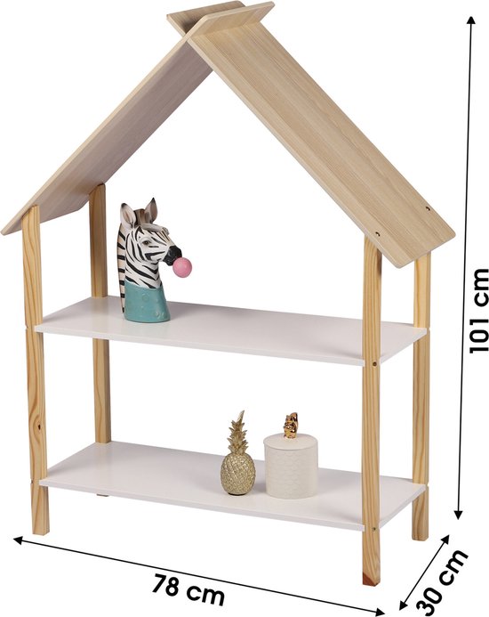 Huisvormig boekenrek met twee witte planken en een houten frame. Afmetingen: 78x30x101 cm.
