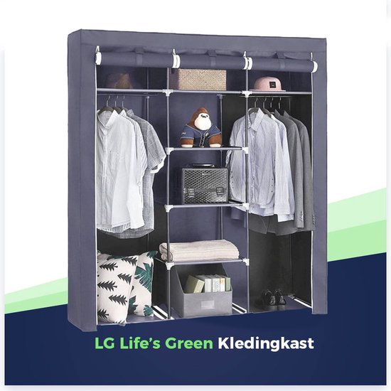 Intirilife Opvouwbare Kledingkast Grijs 68x45x175cm - Textielgarderobe Met Rits, Kledingstang En Planken