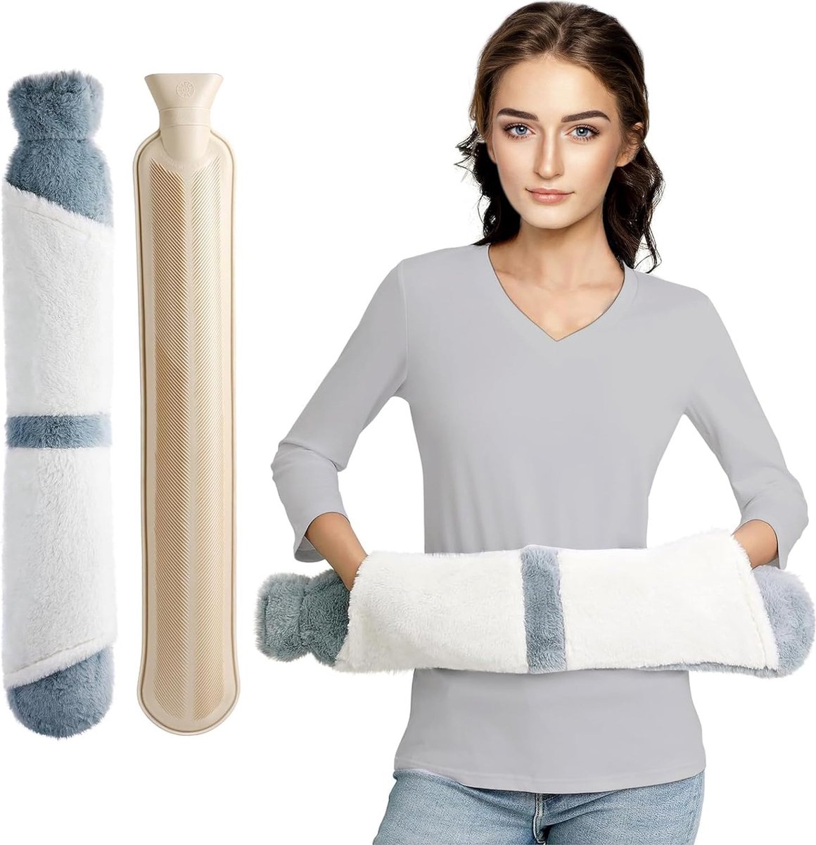 Goedkoopste Lange warmwaterkruik met zachte overtrek, 2 liter, lange warmwaterfles met handwarmer, slang-warmwaterkruik, buikwarmer, bedkruik voor vrouwen en mannen