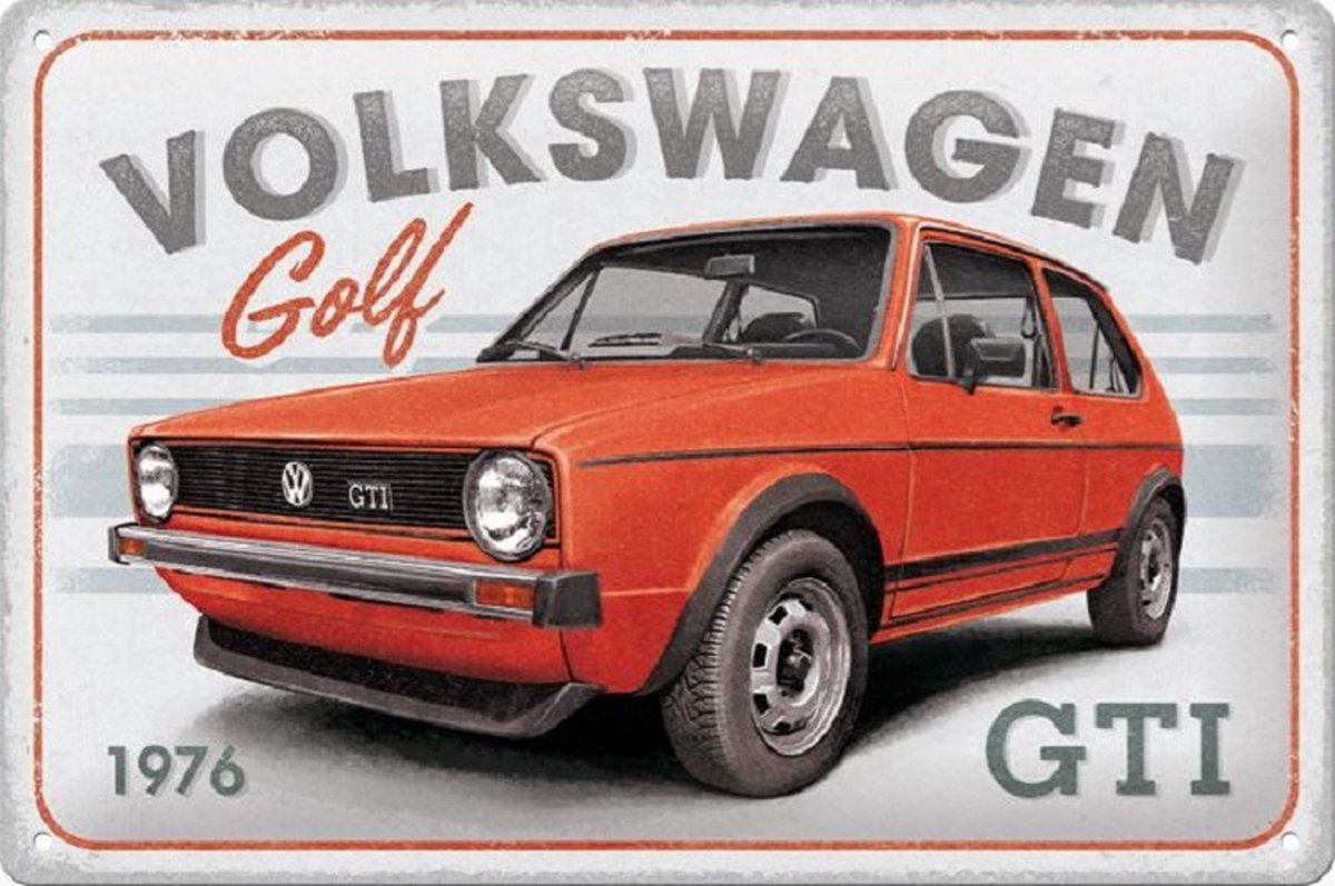 VW Golf GTI 1976. Metalen wandbord in reliëf 20x30 cm.