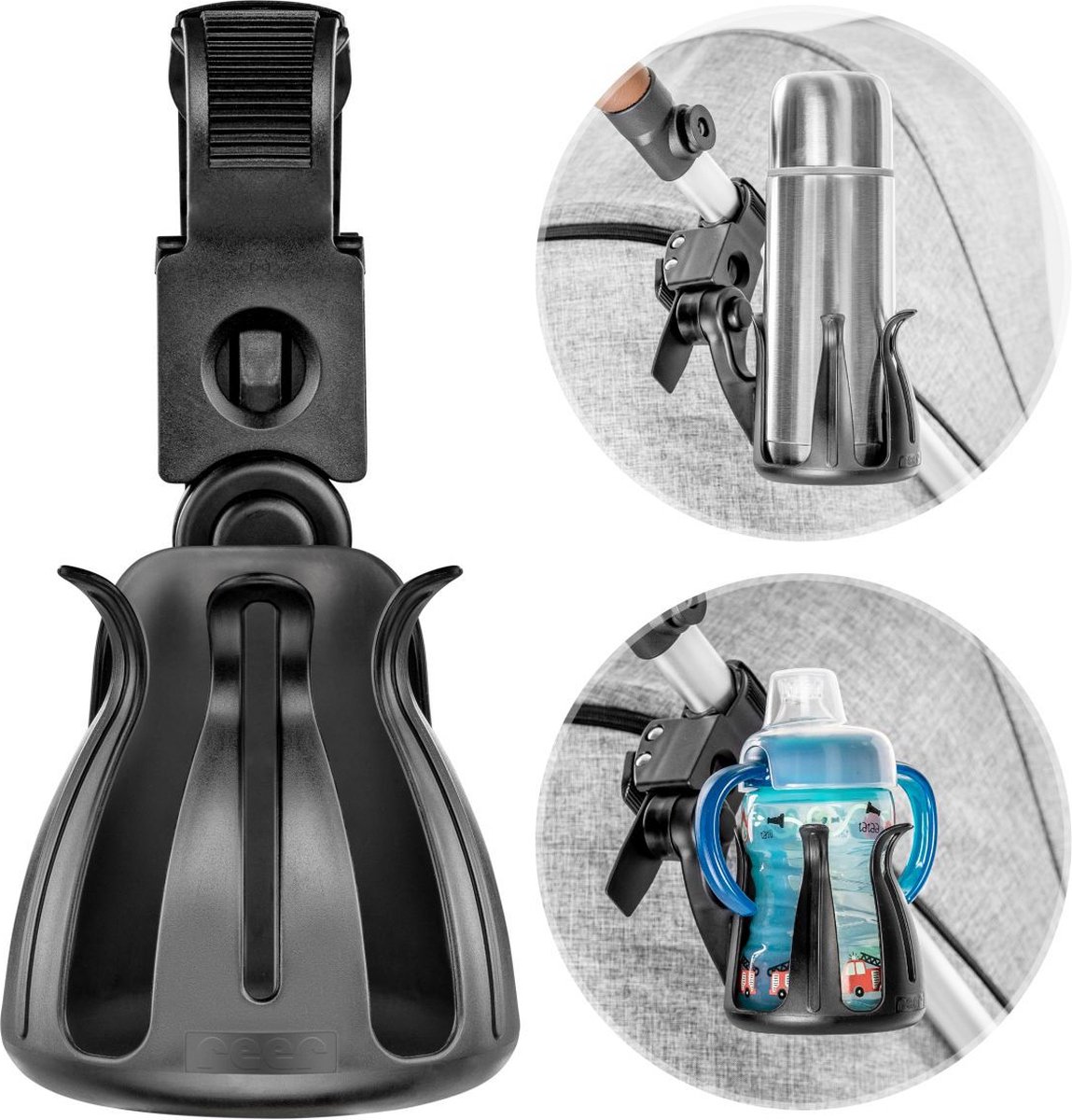 Reer Clip&Go Bekerhouder - Zwart- fleshouder- geschikt voor de meeste kind en buggy's, ook voor b.v. fietsen