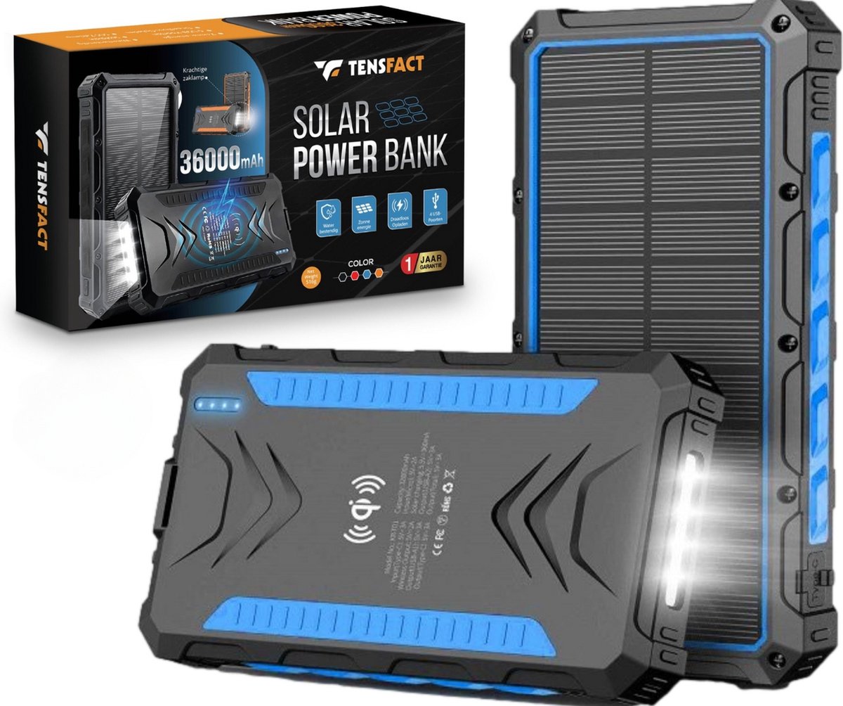 Tensfact® Solar Powerbank 36000 mAh Wireless Charger - Powerbank Zonneenergie - Snellader Iphone Samsung - USB & USB-C - Blauw