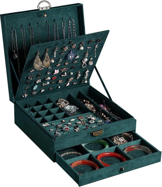 Sieradenkistje voor dames, 3 lagen, grote sieraden-organizer, opbergdoos voor oorbellen, halskettingen, ringen, armbanden, sieradenhouder, afsluitbaar, sieradenkistje (groen)