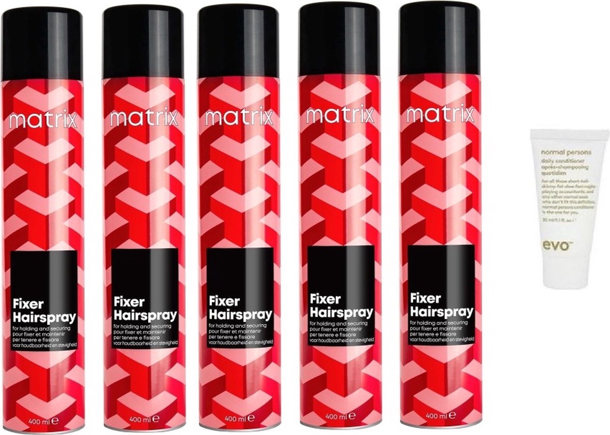 5 x Matrix Fixer Hairspray – Flexibele styling spray met een sterke fixatie – 400 ml + Gratis Evo Travelsize