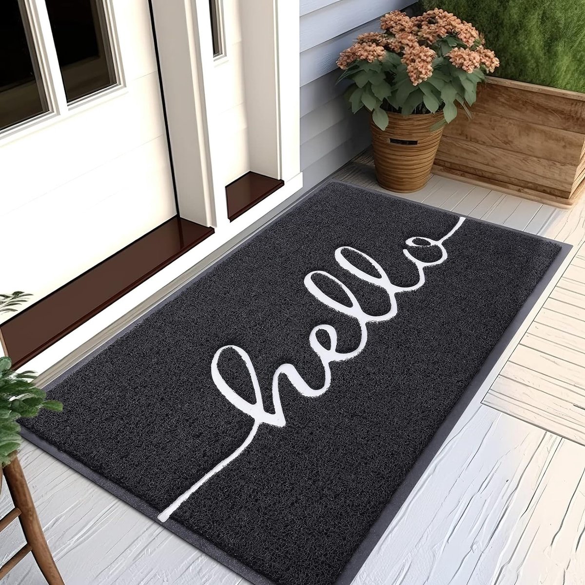 Hello, Deurmat voor buiten en binnen, antislip, vuilvangmat, deurmat, wasbare deurmat voor buiten voor huisdeur, entree, tuin, 80 x 120 cm, zwart