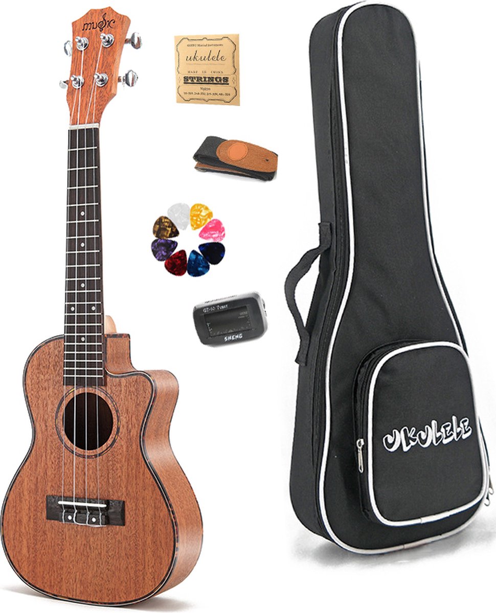 WK Sapeli Hout Concert Ukelele 23 inch -Gemaakt van exclusief natuurhout-Inclusief accessoires- Professionele studie-met tas-Ukelele Gitaar