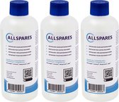 Drie witte flessen 'ALLSPARES Ontkalker voor koffiemachines' met blauwe dop.