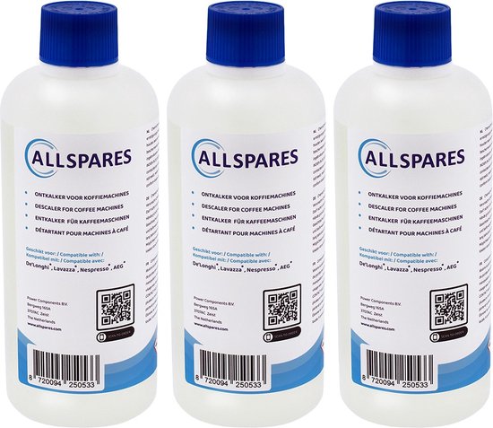 AllSpares Vloeibare Ontkalker (3x 500ml) voor Koffiemachines geschikt voor Delonghi Original EcoDecalk DLSC500