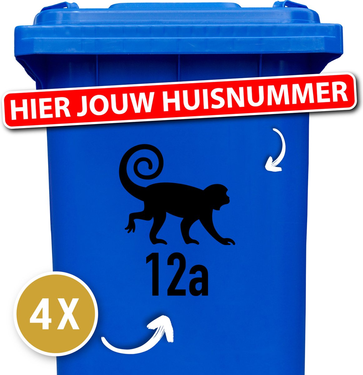 Container Sticker Huisnummer + Slinger Aap 4 Stuks - Zwart - 20 x 20 cm - Weerbestendige Stickers - Stickers Buiten - Containersticker Huisnummer - klikostickers - Cijfer Sticker - Kliko Sticker Huisnummer - Kliko Sticker Dieren - Brievenbus Sticker