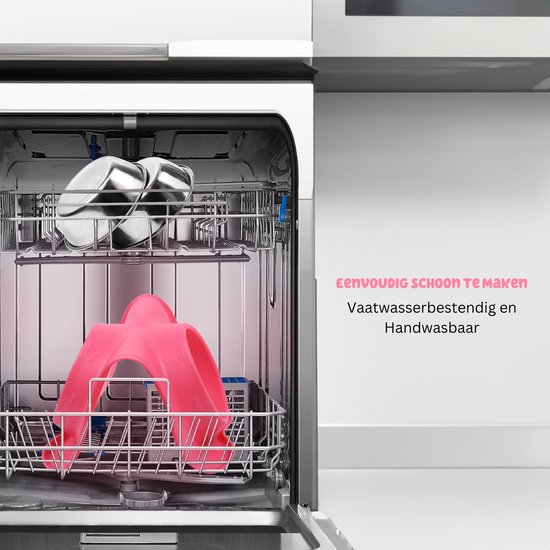 Roze dubbele voerbak met botvormig design, in een vaatwasser.