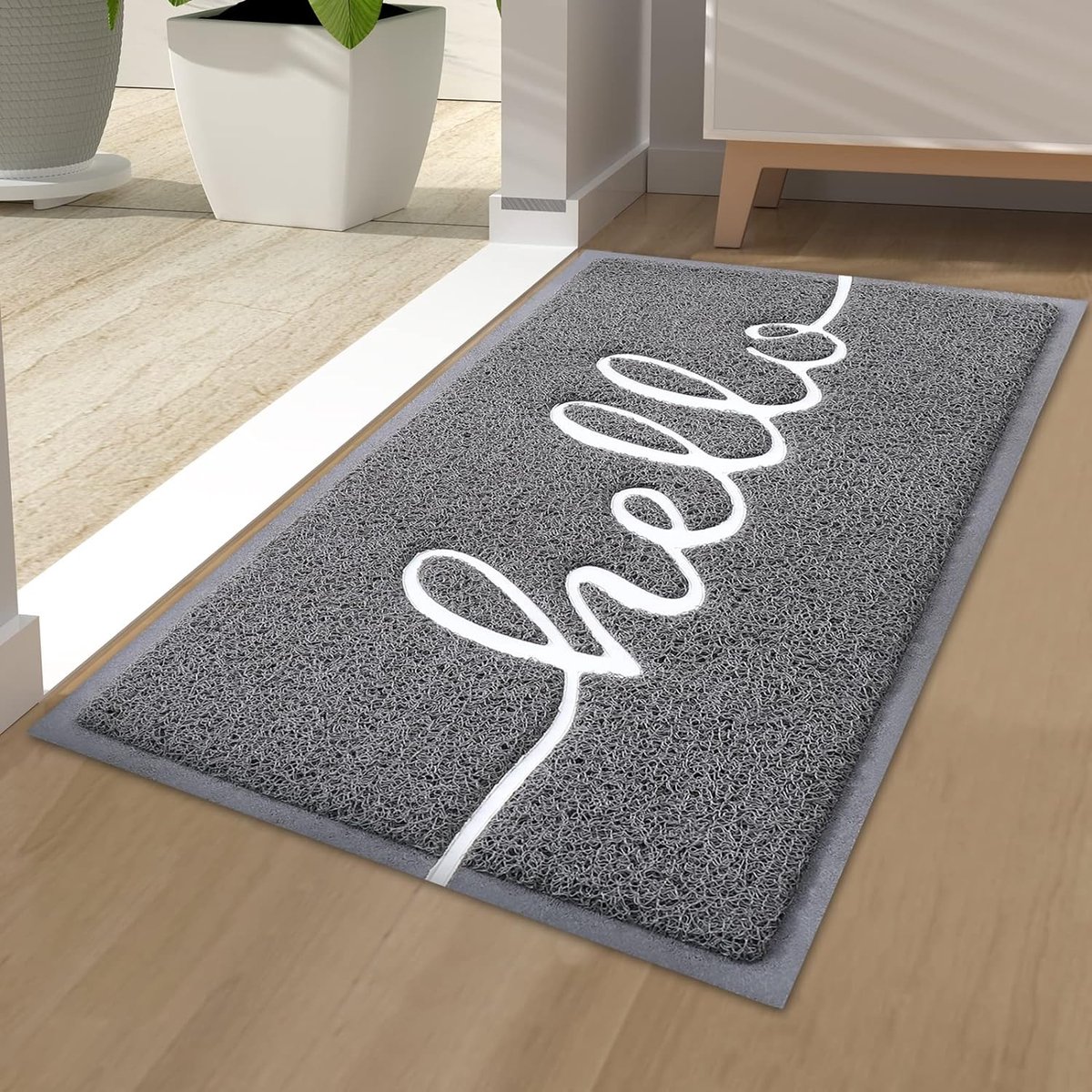 "Hello" Deurmat, voor binnen en buiten, antislip vuilvangmat, wasbare voetmat voor huisdeur, entree, tuin, 40 x 60 cm, grijs