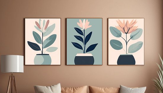 Poster 3 luik van Plant met bloem - Pastel Minimalistisch Bohemisch design met
