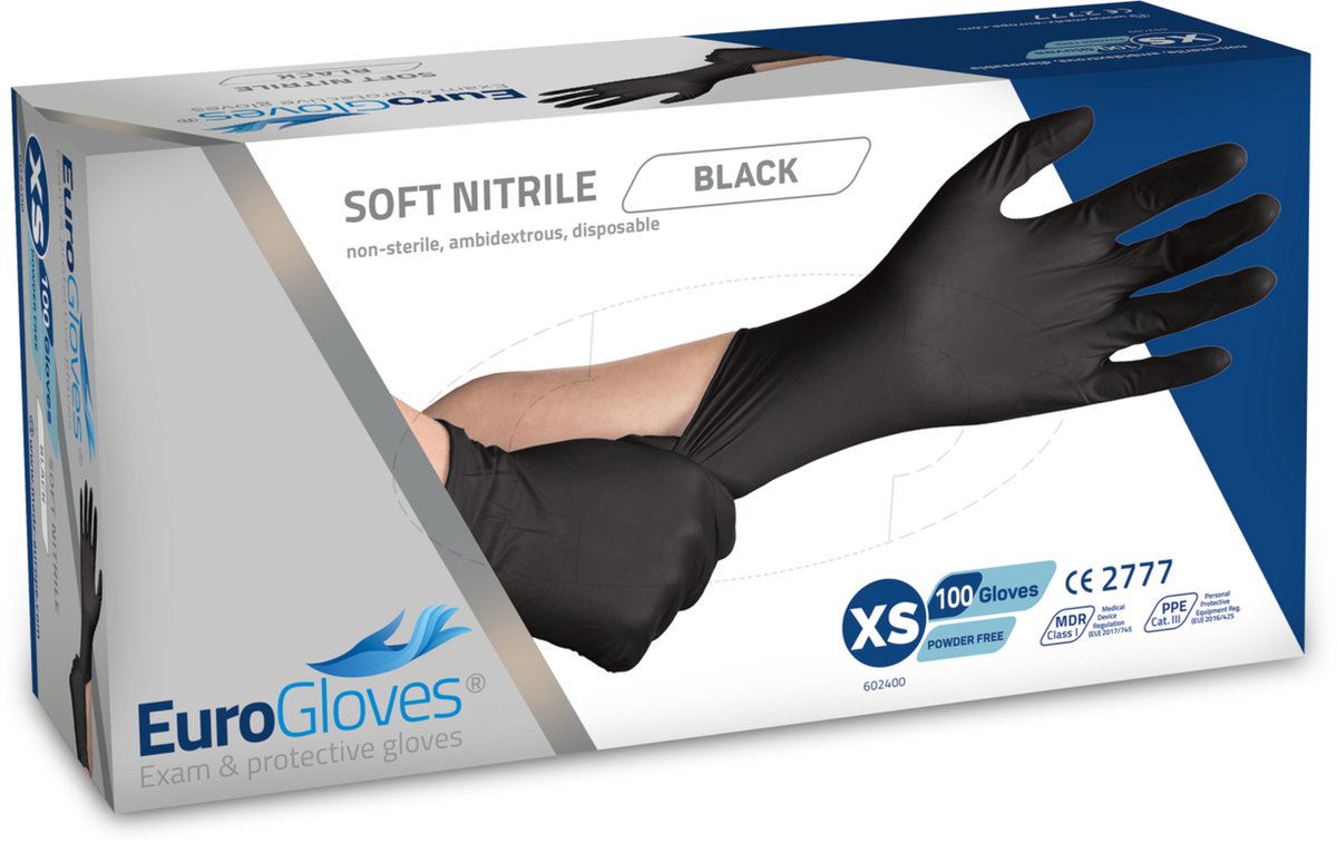 Goedkoopste Voordeelverpakking handschoenen 5 x Eurogloves soft-nitrile poedervrij zwart - XS 100 stuks