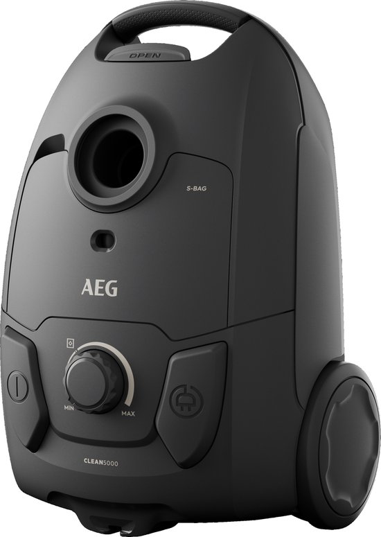 Zwarte AEG stofzuiger met handvat, 'OPEN'-indicator en draaiknop.