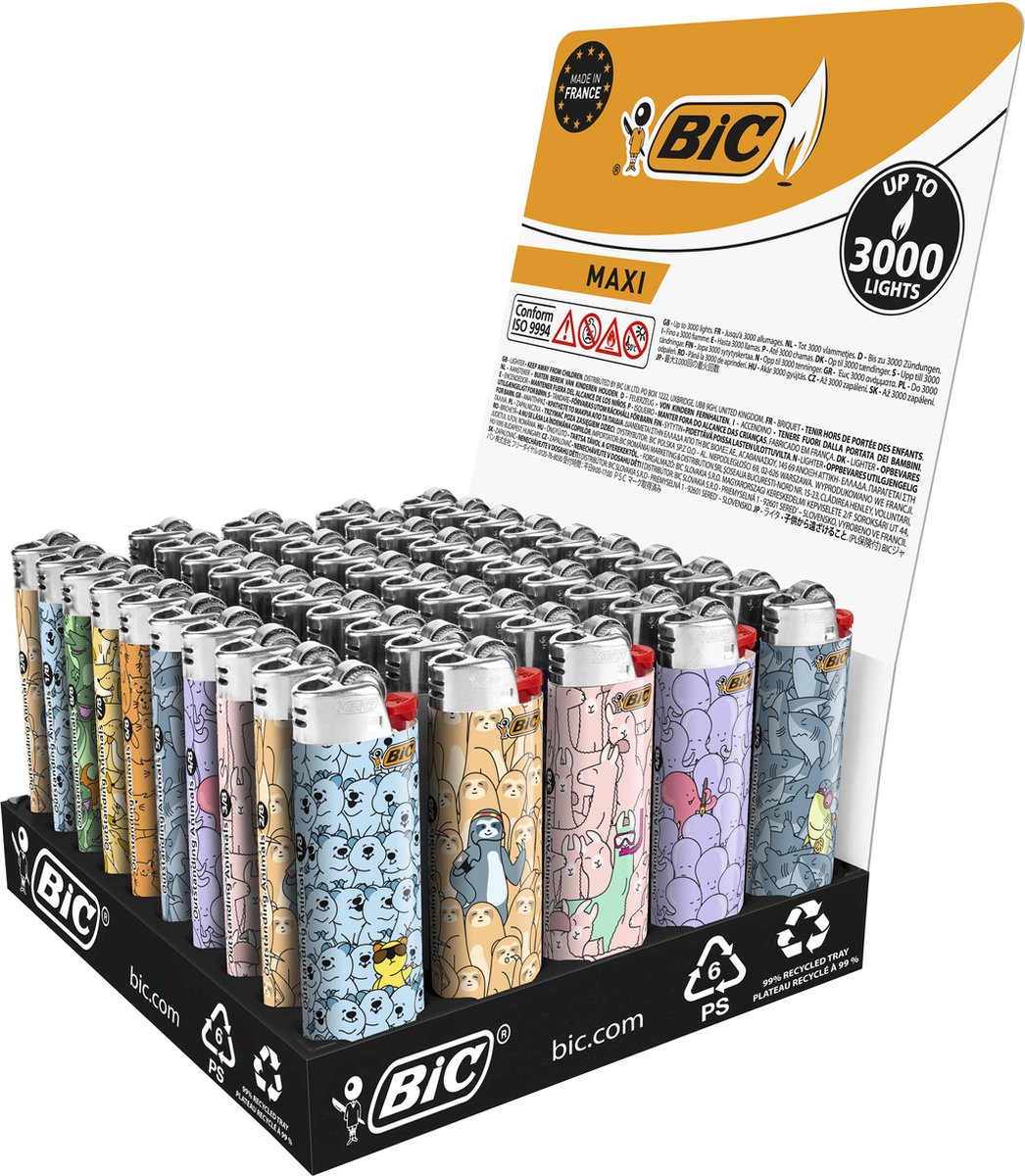 BIC J26 Maxi Lighters - 50 stuks - vuursteen flint aanstekers - Dieren  Design- Tray