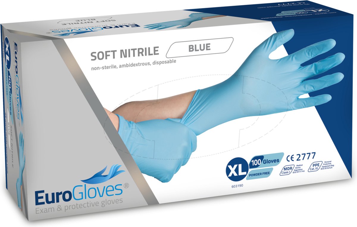 Goedkoopste Voordeelverpakking handschoenen 3 x Eurogloves soft-nitrile poedervrij blauw - XL 100 stuks
