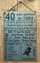 Zinken tekstbord 40 jaar geleden in 1984 - grijs - 20x30 cm. - verjaardag - jubileum - 40 jaar getrouwd