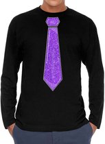 Bellatio Decorations Verkleed shirt heren - stropdas glitter paars - zwart - carnaval - longsleeve S