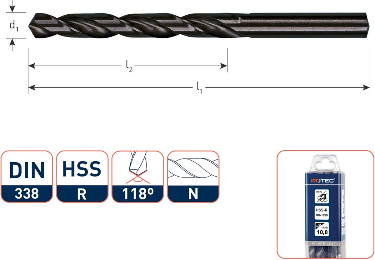 Rotec HSS-R spiraalboor, DIN 338, type N, ø1,9