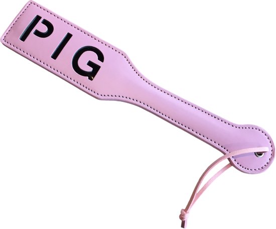 Roze BDSM paddle met opschrift "PIG"