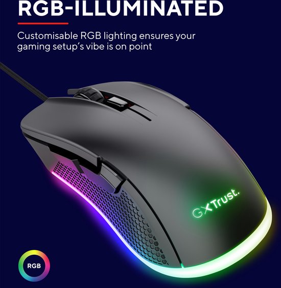 Trust GXT 922 Ybar - Gaming Muis - Bedraad - 7200 DPI - RGB Verlichting - Zwart