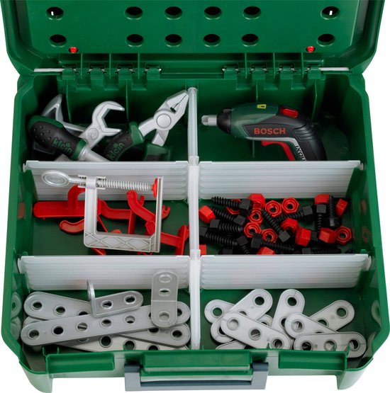 Klein Toys Bosch werkbankkoffer - Ixolino, moersleutel, schroevendraaier, hamer, bouwlatten, haken, schroeven, moeren, schroefklem en -tang - incl. licht- en geluidseffecten - groen rood - Klein
