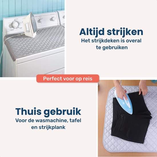 Collage van afbeeldingen: strijken op een wasmachine, een gestikt grijs strijkkleed en een vrouw die kleding strijkt.