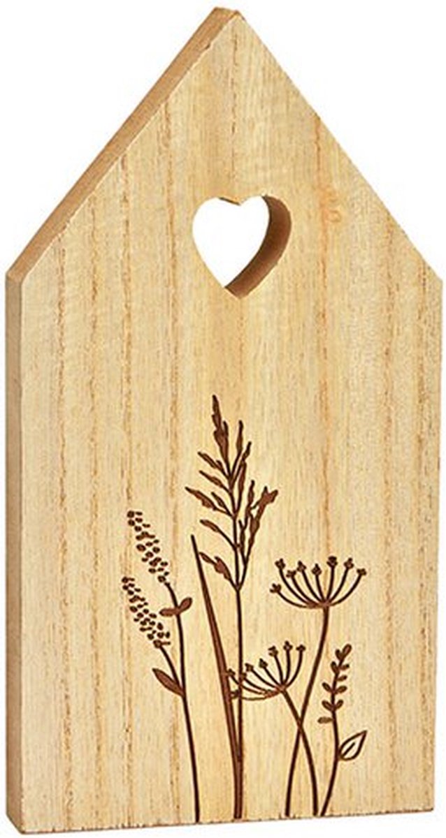 Landelijke Houten Huisje met Bloemenweide op Voet - Rustieke Vensterbank Decoratie - Natuurlijk Hout Silhouet Tafeldecoratie - 3D Woonaccessoire